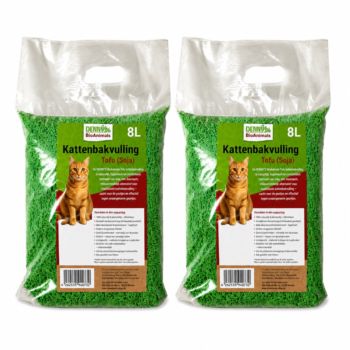 Voordeelpakket 2×8L Denny BioAnimals tofu kattenbakvulling 8L – biologisch afbreekbaar – klontvormend – stofvrij – geurneutraliserend